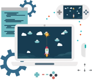 Illustratie van een laptop met een game, een gamecontroller en tandwielen