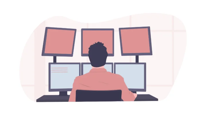 Illustratie van een student achter meerdere beeldschermen