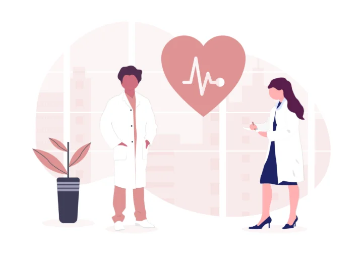 Illustratie van twee professionals bij een hart met hartslaglijn