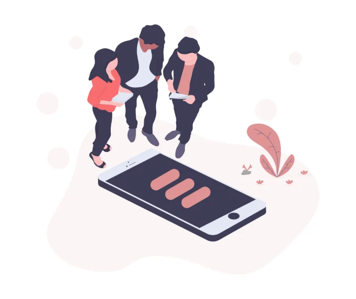 Illustratie van drie mensen die samen naar een grote smartphone kijken